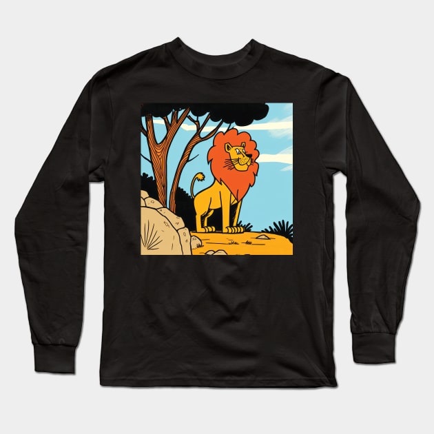 Lion in the Desert Funny Cartoon Style Long Sleeve T-Shirt by Geminiartstudio